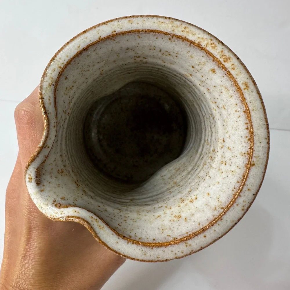 Studio Pottery Vase Signed Wings Pitcher Speckled Glaze Blue Floral Stoneware 6